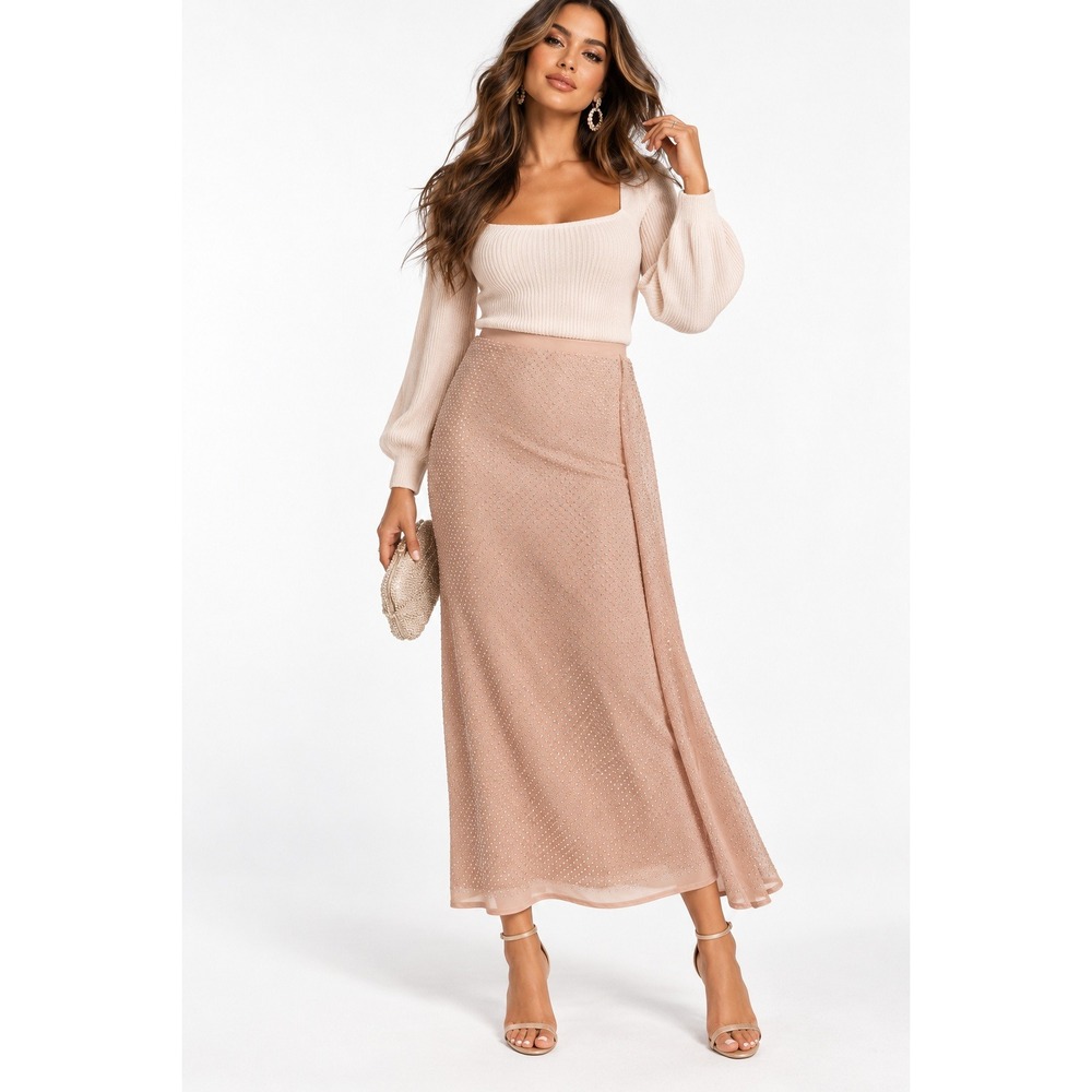 Anthropologie Pink Rhinestone Mesh Midi Skirt Small Blush Iridescent Sparkle
